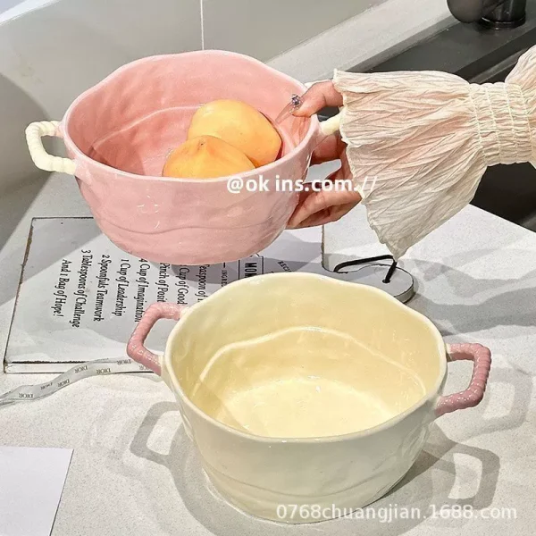 8-Inch Double-Handled Ceramic Soup Bowl for Home or Dorm Use