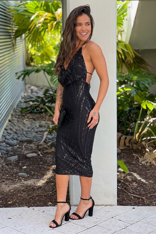 Black Sequin Cowl Neck Midi Dress - Elegant Party & Formal Wear