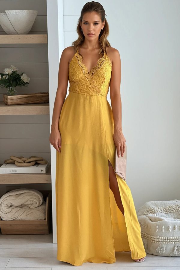 Mustard Crochet Maxi Dress with Side Slit and Criss-Cross Back