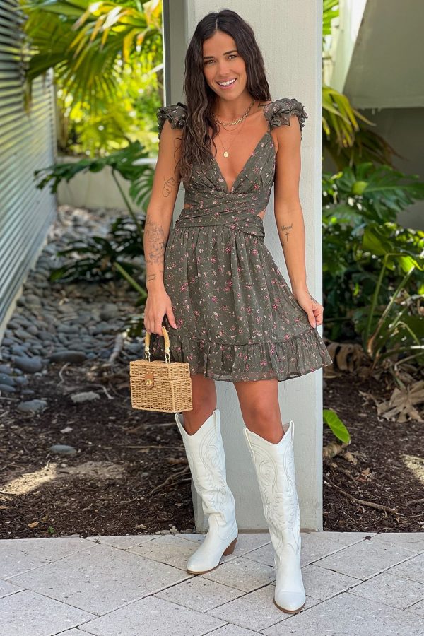 Olive Floral Swirly Straps Short Dress - Flowy Mini Dress