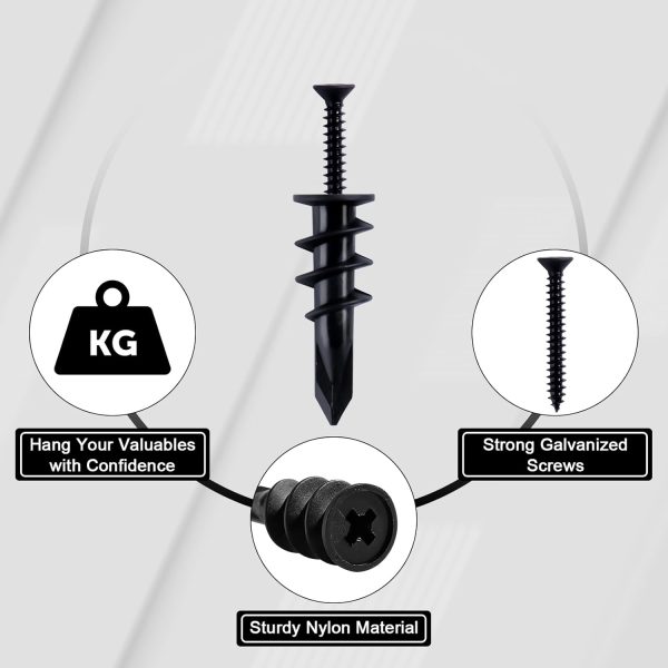 KURUI Black Self Drilling Drywall Anchors, 140PCs #8 Dry Wall Anchors and Flat Head Screws Kit, 70 Anchors + 70 Screws, 75LB Heavy Duty Hanging for Picture Frames Wall Decor Art, Sheetrock Hangers-1