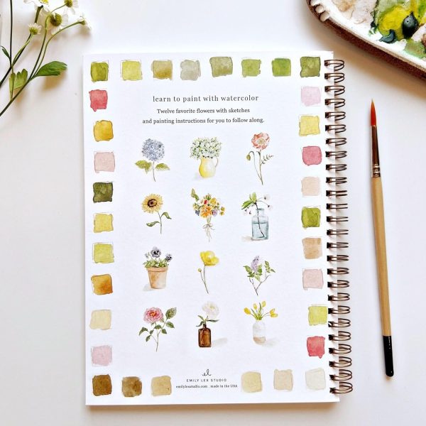 Flowers Watercolor Workbook by Emily Lex Studio, 12 Beginner Friendly Sketched Illustrations, Lay Flat Spiral Pages, 6.5 x 9 inch, 120lb Watercolor Paper-1