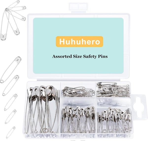 Huhuhero 160Pcs Safety Pins, Large & Small Safety Pins for Clothes Sewing Craft, Nickel Plated Steel Assorted Size Pins Bulk, Art and Craft Supplies (Sliver)-0