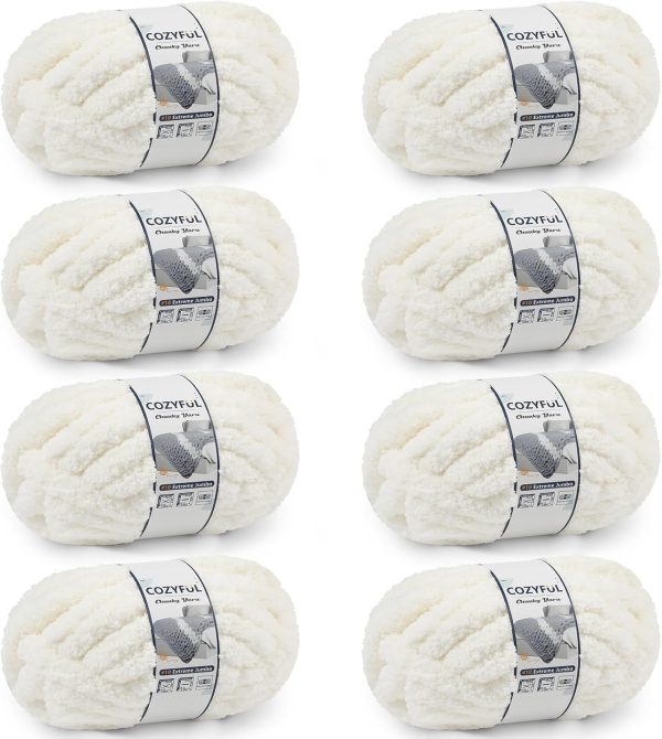 Chunky Yarn for Hand Knitting - #10 Chunky Chenille Yarn, Jumbo Big Thick Chunky Yarns for Crocheting, Super Bulky Chunky Knit Blanket Yarns, 8 Skein (25 yds 8 oz Each Skein), Cream-0