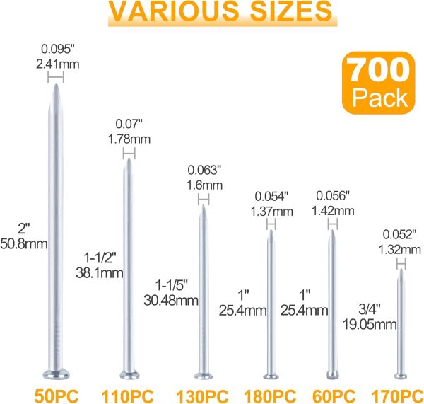 KURUI 700pcs Hardware Nails for Hanging Pictures, Up to 2"-Long Finish Nails Assortment Kit for Wall Art Decor, 640 Frame Nails and 60 Small Finishing Nails for Drywall Wood - Silver Picture Hangers-1