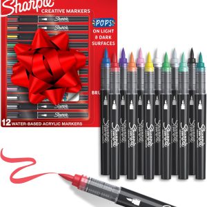 Sharpie Creative Markers, Water-Based Acrylic, Brush Tip, Assorted Colors, 12 Count – Arts & Crafts, Kids Activity, School Classroom; Works on Paper, Metal, Wood, Ceramic, Glass, Rock, Canvas-0